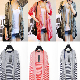 2013春季新款中長款寬松條紋不規則長袖女針織衫開衫